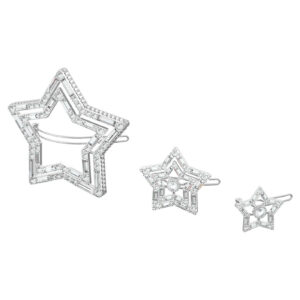 Hair clip Set (3), Star, White, Rhodium plated