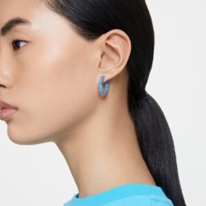 Matrix hoop earrings, Baguette cut, Blue, Rhodium plated