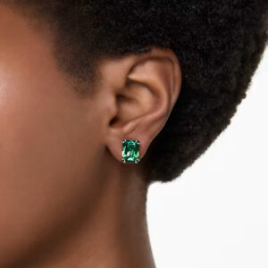 Matrix stud earrings, Rectangular cut, Green, Gold-tone plated