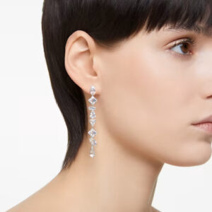 Mesmera drop earrings, Mixed cuts, Long, White, Rhodium plated