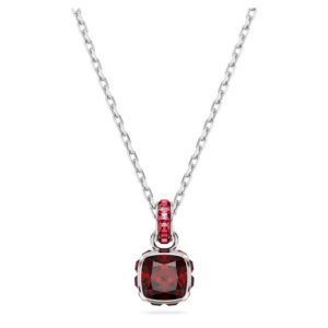 Birthstone pendant Square cut, January, Red, Rhodium plated