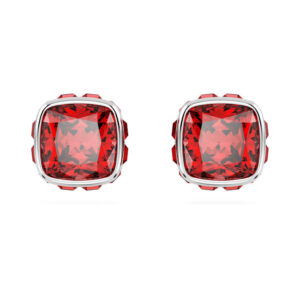Birthstone stud earrings Square cut, July, Red, Rhodium plated