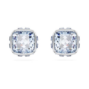 Birthstone stud earrings Square cut, March, Blue, Rhodium plated