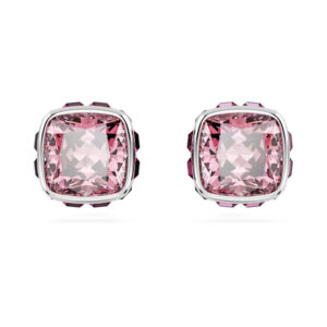 Birthstone stud earrings Square cut, October, Pink, Rhodium plated