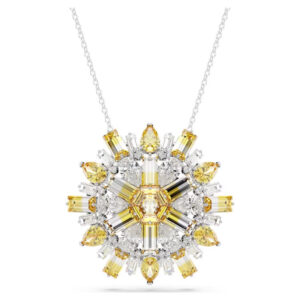 Idyllia pendant and brooch Flower, Long, Yellow, Rhodium plated