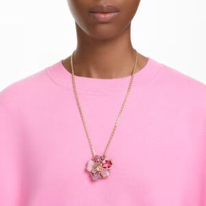 Florere pendant and brooch Pavé, Flower, Pink, Gold-tone plated
