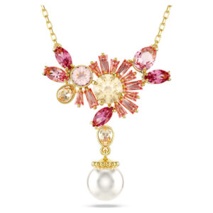 Gema pendant Mixed cuts, Crystal pearl, Flower, Pink, Gold-tone plated