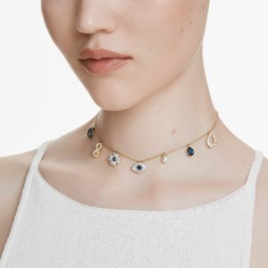 Symbolica choker, Moon, infinity, clover, evil eye and horseshoe, Blue, Gold-tone plated