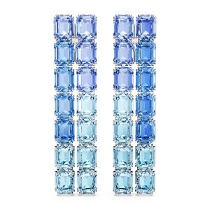 Millenia clip earrings, Octagon cut, Color gradient, Long, Blue, Rhodium plated