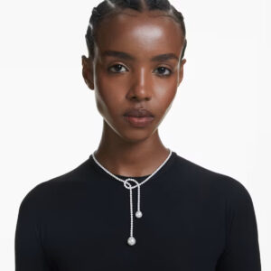 Matrix Y necklace, Crystal pearl, Round cut, White, Rhodium plated
