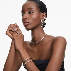 Hyperbola hoop earrings, Round cut, Medium, White, Mixed metal finish