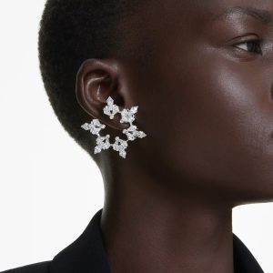 Idyllia clip earrings, Mixed cuts, Snowflake, White, Rhodium plated