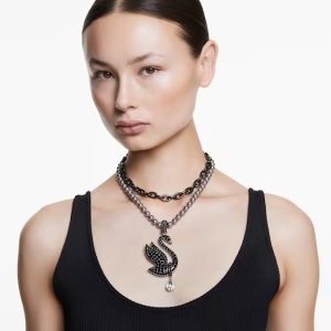 Swarovski Swan choker Crystal pearl, Swan, Black, Ruthenium plated