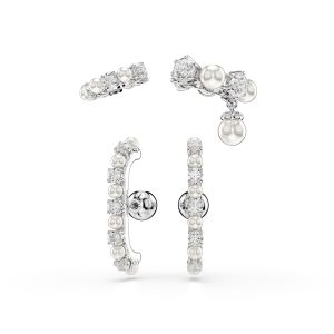 Matrix ear cuff, Set (3), Crystal pearl, Round cut, White, Rhodium plated