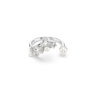 Constella open ring, Crystal pearl, Round cuts, White, Rhodium plated