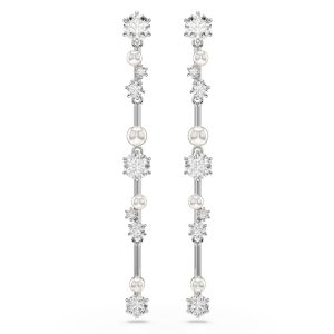 Constella drop earrings, Crystal pearl, Round cuts, White, Rhodium plated