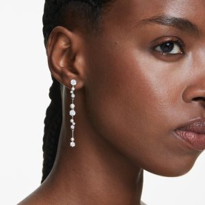 Constella drop earrings, Crystal pearl, Round cuts, White, Rhodium plated
