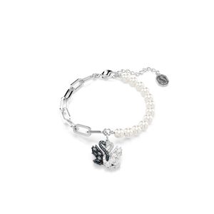 Swan bracelet, Crystal pearl, Swan, Black, Rhodium plated