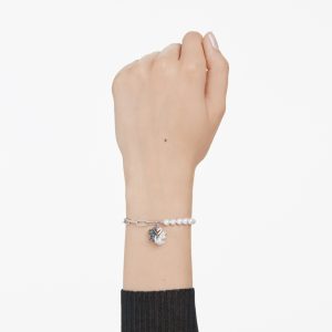 Swan bracelet, Crystal pearl, Swan, Black, Rhodium plated