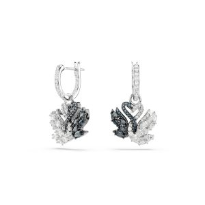 Swan drop earrings, Swan, Black, Rhodium plated