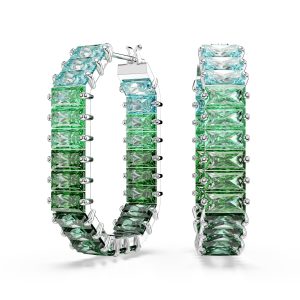 Matrix hoop earrings, Baguette cut, Green, Rhodium plated