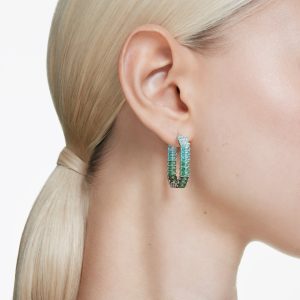 Matrix hoop earrings, Baguette cut, Green, Rhodium plated