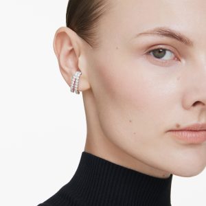 Matrix ear cuffs, Round cut, White, Rhodium plated