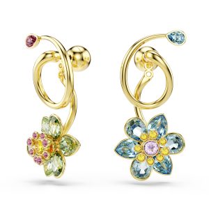 Idyllia drop earrings, Asymmetrical design, Mixed cuts, Flower, Multicolored, Gold-tone plated