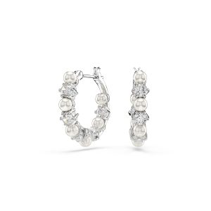 Matrix drop earrings, Crystal pearl, Round cut, White, Rhodium plated