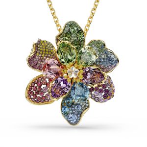Idyllia pendant and brooch, Mixed cuts, Pavé, Flower, Multicolored, Mixed metal finish