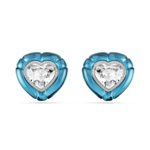 Dulcis clip earrings, Heart cut, Pavé, Heart, Blue, Rhodium plated