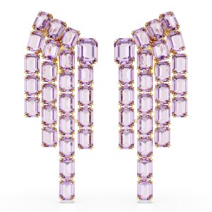 Millenia clip earrings, Octagon cut, Chandelier, Purple, Gold-tone plated