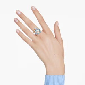 Idyllia open ring, Mixed cuts, Flower, Blue, Gold-tone plated