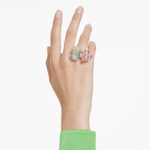 Idyllia ring, Mixed cuts, Flower, Multicolored, Gold-tone plated