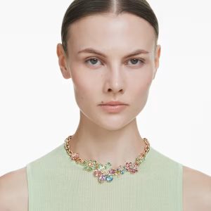 Idyllia necklace, Mixed cuts, Flower, Multicolored, Gold-tone plated
