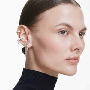 Matrix ear cuff, Set (3), Crystal pearl, Round cut, White, Rhodium plated