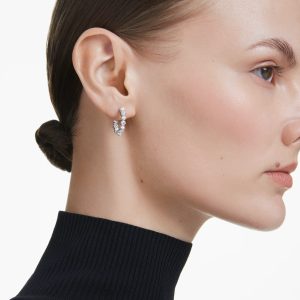 Matrix drop earrings, Crystal pearl, Round cut, White, Rhodium plated