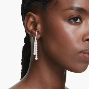 Matrix drop earrings, Gradient of round cuts, White, Rhodium plated