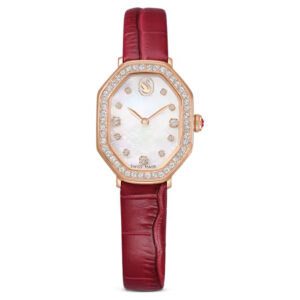 Dextera octagon watch Swiss Made, Leather strap, Red, Rose gold-tone finish