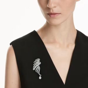 The Vienna Collection brooch Feather, White, Ruthenium plated
