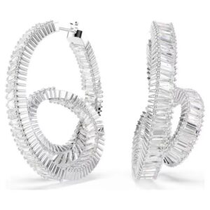 Matrix hoop earrings, Baguette cut, Ribbon, White, Rhodium plated
