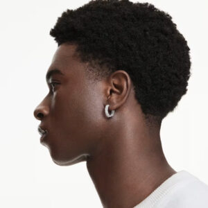Matrix hoop earrings, Baguette cut, White, Rhodium plated