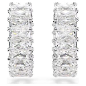 Matrix hoop earrings, Baguette cut, White, Rhodium plated