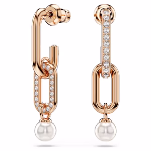 Constella drop earrings, Crystal pearl, Round cut, White, Rose gold-tone plated