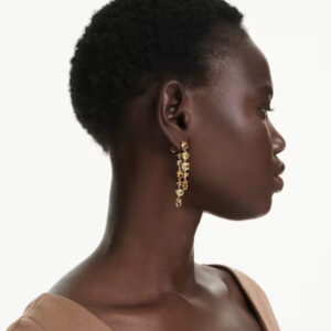 Gema drop earrings, Asymmetrical design, Mixed cuts, Long, Yellow, Gold-tone plated