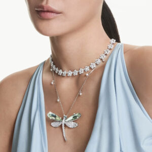 Ariana Grande x Swarovski pendant and brooch, Mixed cuts, Dragonfly, Green, Rhodium plated