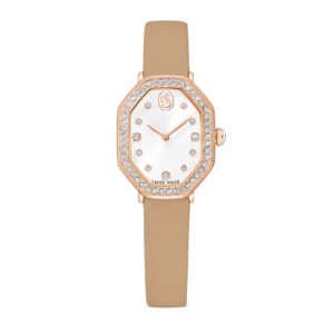 Dextera octagon watch, Swiss Made, Leather strap, Brown, Rose gold-tone finish