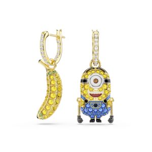 Minions Stuart and Banana hoop earrings, Pavé, Mini, Multicolored, Gold-tone plated