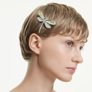 Ariana Grande x Swarovski brooch and hair accessory, Mixed cuts, Dragonfly, Green, Rhodium plated