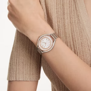 Crystalline aura watch, Swiss Made, Metal bracelet, Rose gold tone, Mixed metal finish